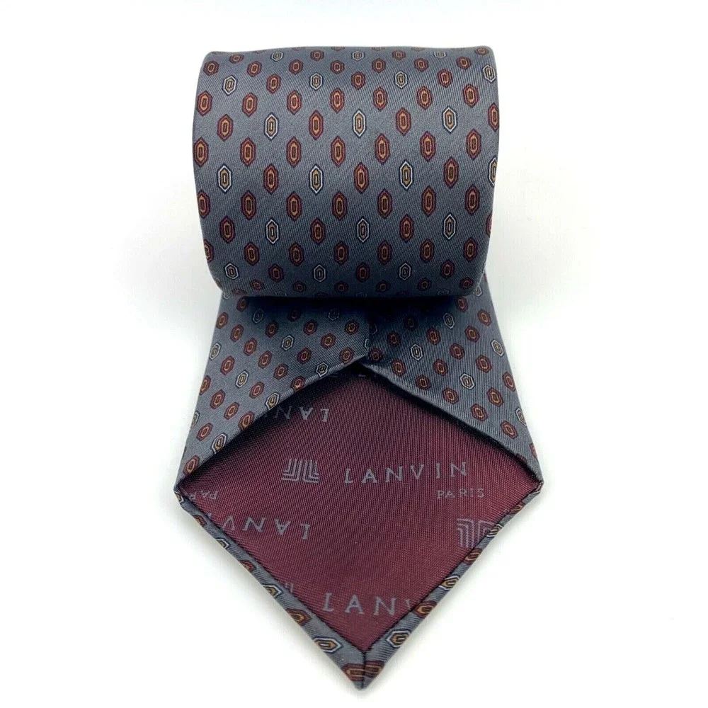 LANVIN Tie Geometric Gray Burgundy Blue White Orange Silk Mens Vintage Necktie